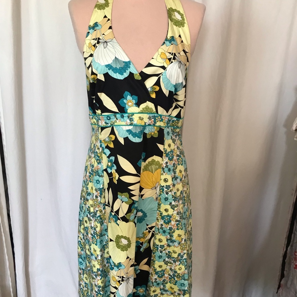 Signature by Sangria Black Floral Halter Maxi Dress with Teal and Yellow